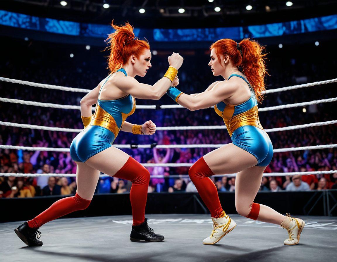 A captivating scene featuring two strong female wrestlers in an intense face-off, showcasing their determination and fierce rivalry. The background should depict a vibrant wrestling ring filled with cheering fans, while elements of love, such as hearts and roses, subtly blend in to symbolize the romantic undertones. The wrestlers should have unique, colorful costumes and dynamic poses that convey energy and strength. super-realistic. vibrant colors. artistic flair.